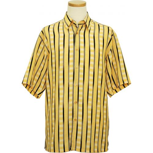 Bassiri Canary Yellow / Silver Black Stripes Micro Fiber Short Sleeves Shirt #47171